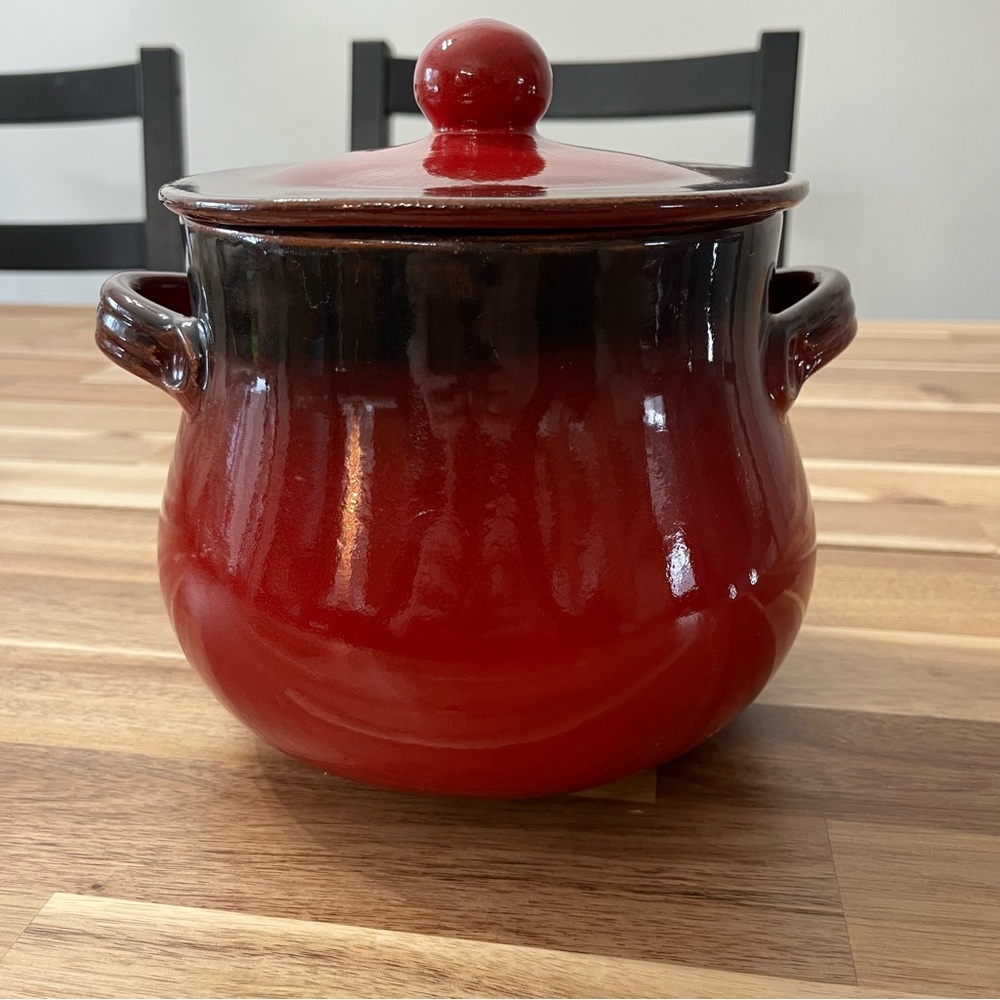 Red Ombré Terracotta Bean Pot with Lid Italian Made